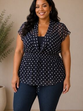 LASHES Polka Dot V-Neck Smocked Waist Blouse - Black/White XL